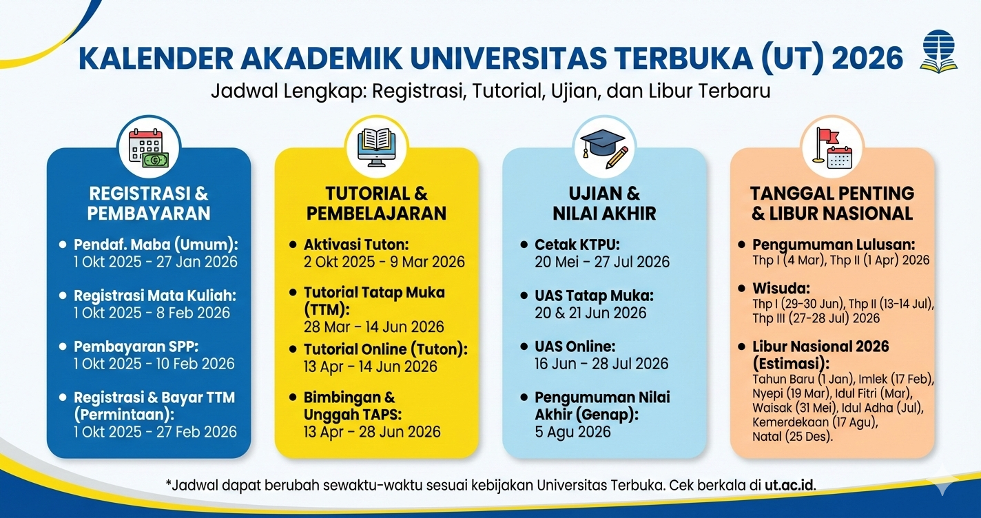 Kalender Akademik UT 2026 Lengkap: Jadwal Registrasi, Tutorial, Ujian, dan Libur Terbaru